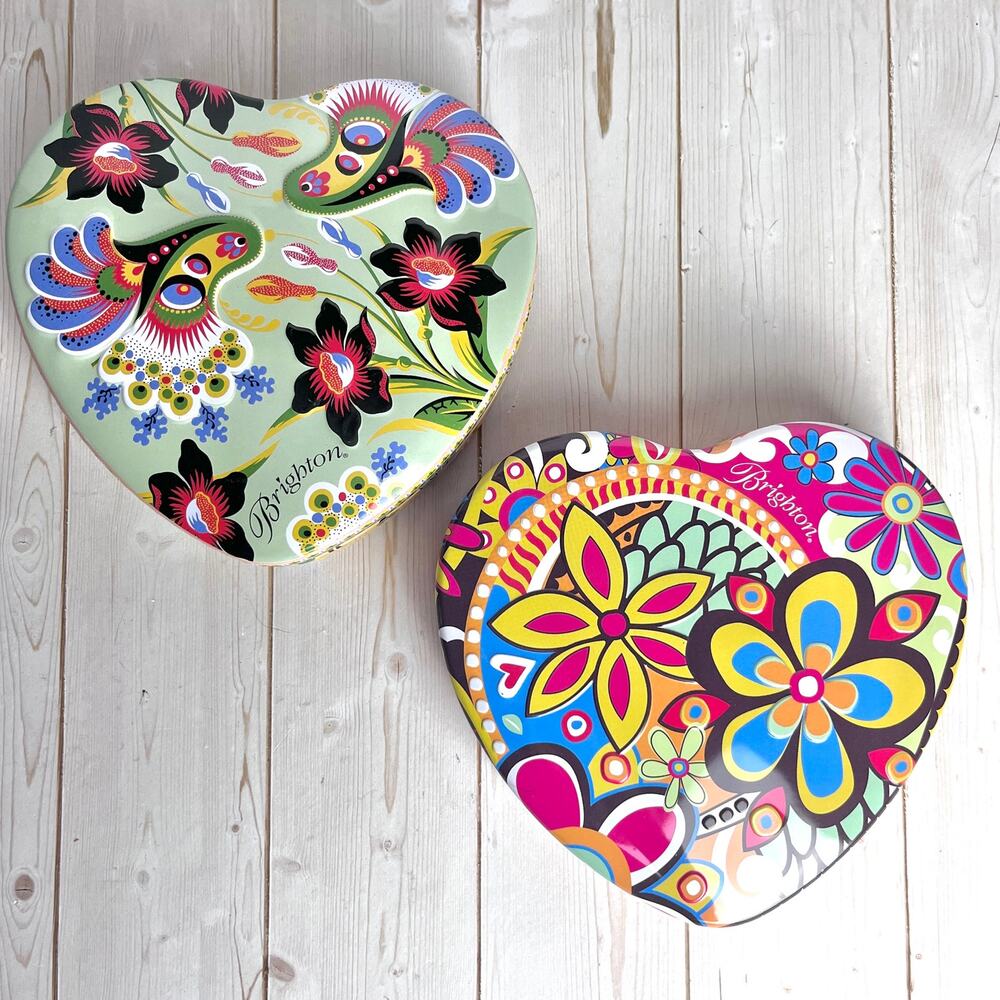 Lot of 2 Vintage Brighton Heart-Shape Metal Tin Trinket Gift Box Floral Birds